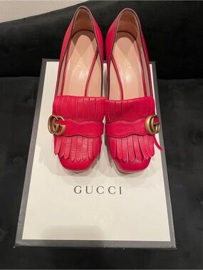 Gucci Red Fringe Leather Loafers Heels